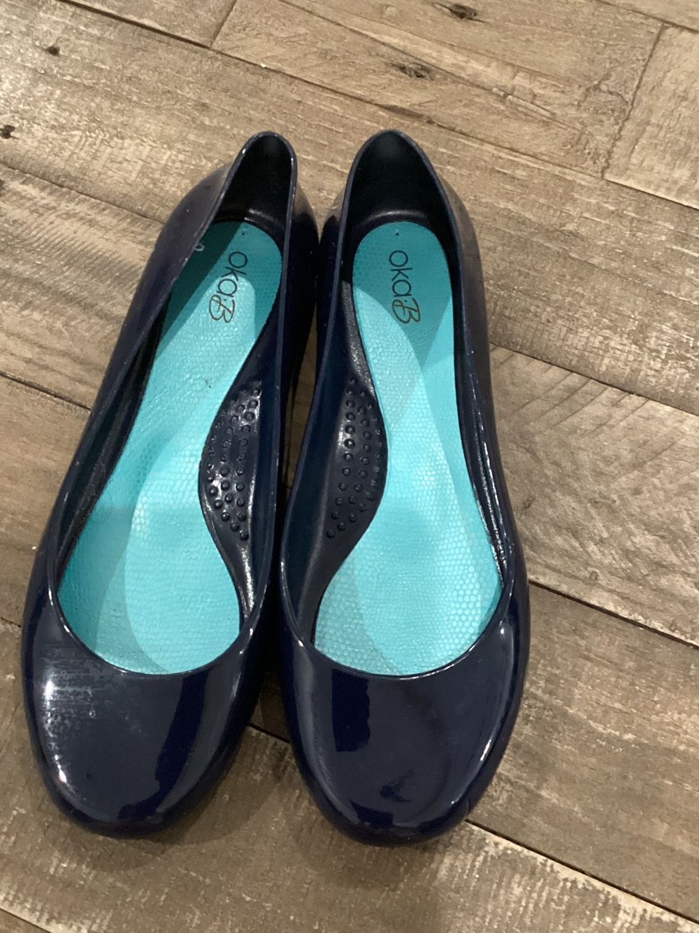OKA b. Navy Patent Ballet Flats with Turquoise Insole